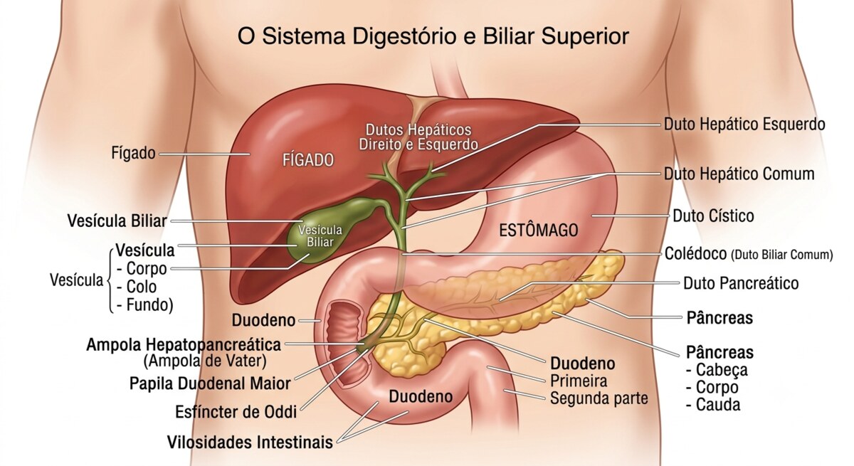 O sistema digestório e biliar superior: fígado, vesícula biliar, ductos hepáticos, ducto cístico, colédoco, pâncreas e duodeno